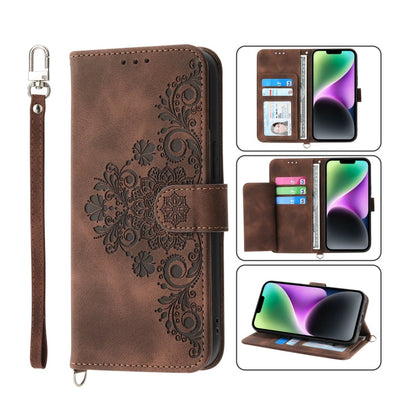 Skin-feel Flowers Embossed Wallet Leather Phone Case, For iPhone 14, For iPhone 14 Plus, For iPhone 14 Pro, For iPhone 14 Pro Max