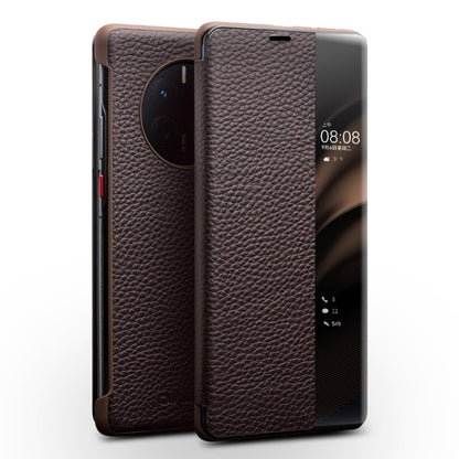 QIALINO Genuine Leather Side Window View Smart Phone Case, For Huawei Mate 50 Pro, For Huawei Mate 50, For Huawei P30, For Huawei P50, For Huawei P50 Pro