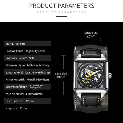 Ochstin 7237 Business Leather Wrist Wrist Waterproof Luminous Skeleton Mechanical Watch