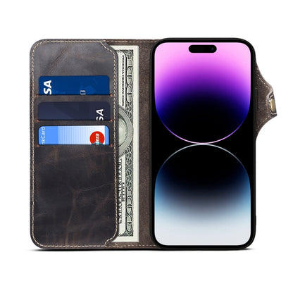 Denior Oil Wax Cowhide Magnetic Button Genuine Leather Case, For iPhone 14 Pro Max, For iPhone 14 Pro, For iPhone 14, For iPhone 14 Plus, For iPhone 13 Pro Max, For iPhone 13 Pro