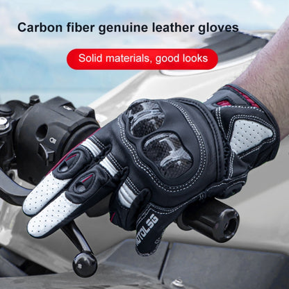 One Pair Genuine Leather Motorcycle Gloves with Carbon Fiber Hard Knuckle Touch Screen, XL, XXL