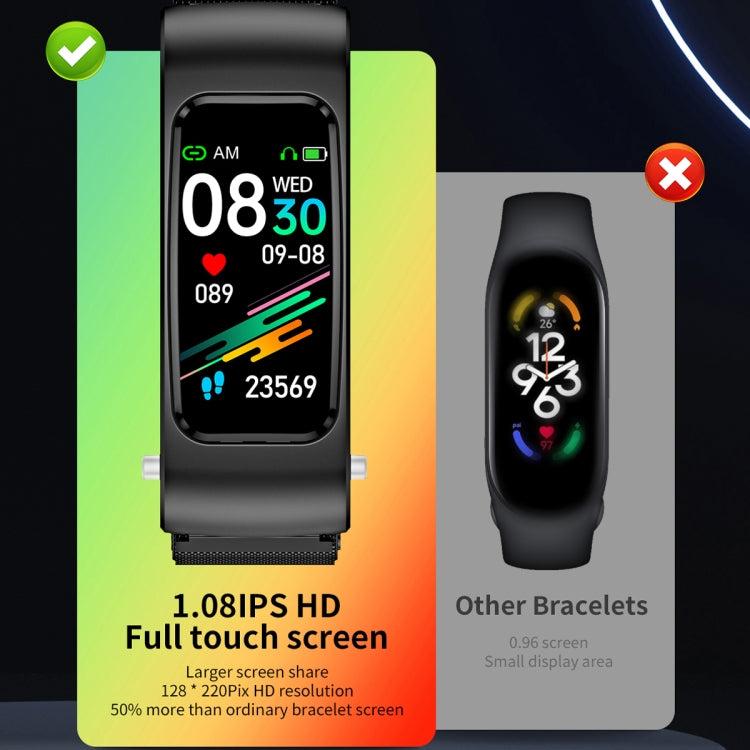 K60 1.08 inch Steel Band Earphone Detachable Life Waterproof Smart Watch Support Bluetooth Call, Steel Band (Black)