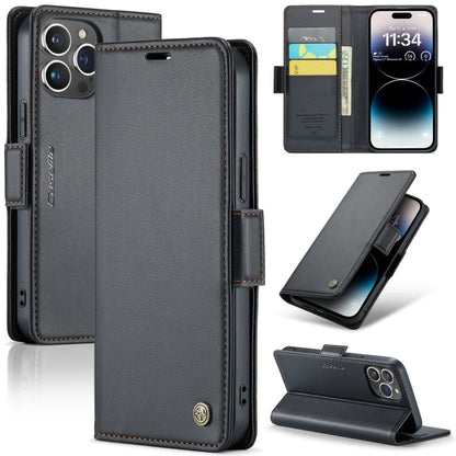CaseMe 023 Butterfly Buckle Litchi Texture RFID Anti-theft Leather Phone Case, For iPhone 15 Plus, For iPhone 14 Pro, For iPhone 14 Pro Max, For iPhone 15