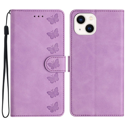 Seven Butterflies Embossed Leather Phone Case, For iPhone 16, For iPhone 15 Pro Max, For iPhone 15 Pro, For iPhone 15 Plus