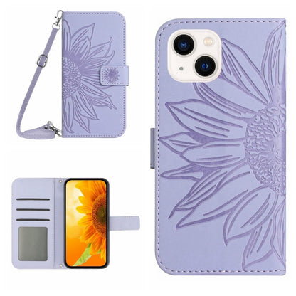 Skin Feel Sun Flower Embossed Flip Leather Phone Case with Lanyard, For iPhone 15 Pro, For iPhone 15 Plus