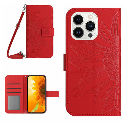Skin Feel Sun Flower Embossed Flip Leather Phone Case with Lanyard, For iPhone 16, For iPhone 15 Pro Max