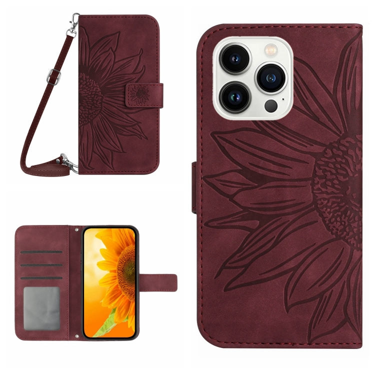 Skin Feel Sun Flower Embossed Flip Leather Phone Case with Lanyard, For iPhone 16, For iPhone 15 Pro Max