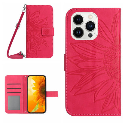 Skin Feel Sun Flower Embossed Flip Leather Phone Case with Lanyard, For iPhone 16, For iPhone 15 Pro Max