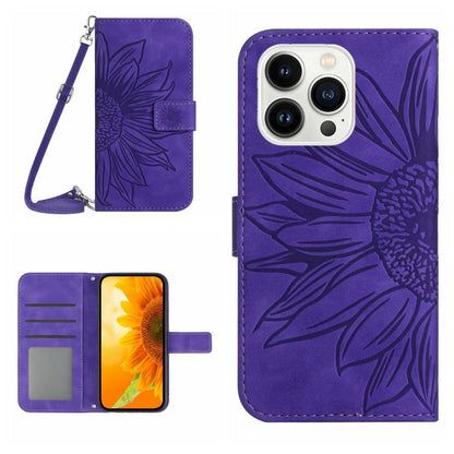 Skin Feel Sun Flower Embossed Flip Leather Phone Case with Lanyard, For iPhone 16, For iPhone 15 Pro Max