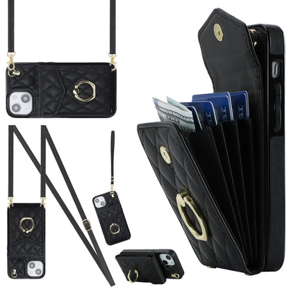 Rhombic Texture Card Bag Phone Case with Long Lanyard, For iPhone 14 Plus, For iPhone 14, For iPhone 14 Pro