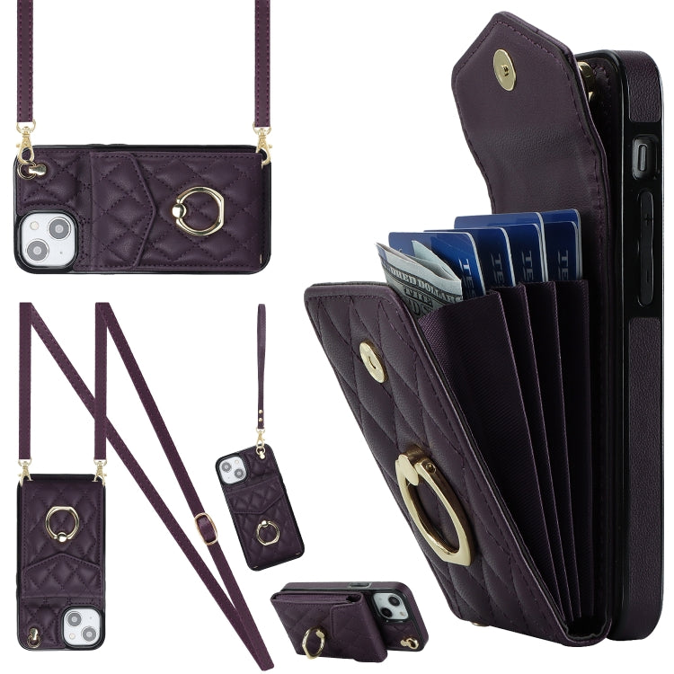 Rhombic Texture Card Bag Phone Case with Long Lanyard, For iPhone 14 Plus, For iPhone 14, For iPhone 14 Pro