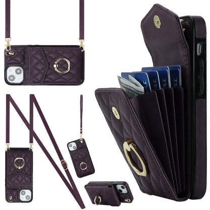 Rhombic Texture Card Bag Phone Case with Long Lanyard, For iPhone 14 Plus, For iPhone 14, For iPhone 14 Pro