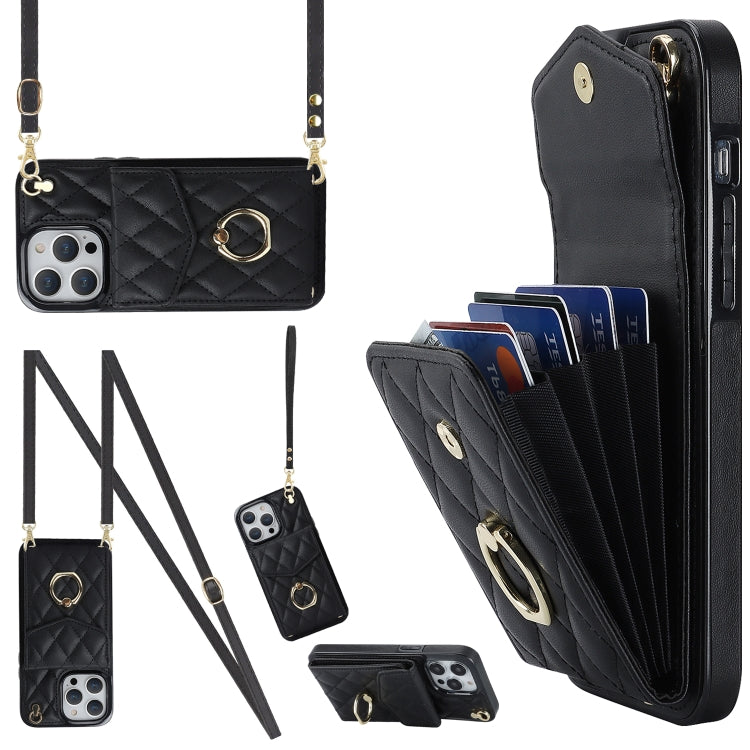 Rhombic Texture Card Bag Phone Case with Long Lanyard, For iPhone 14 Plus, For iPhone 14, For iPhone 14 Pro