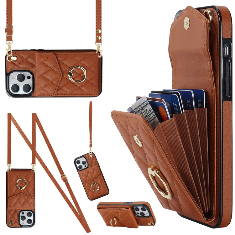 Rhombic Texture Card Bag Phone Case with Long Lanyard, For iPhone 14 Plus, For iPhone 14, For iPhone 14 Pro