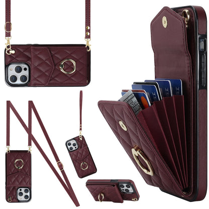 Rhombic Texture Card Bag Phone Case with Long Lanyard, For iPhone 14 Pro Max, For iPhone 13 Pro Max, For iPhone 13 Pro