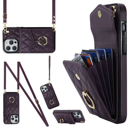 Rhombic Texture Card Bag Phone Case with Long Lanyard, For iPhone 14 Pro Max, For iPhone 13 Pro Max, For iPhone 13 Pro