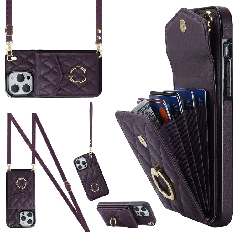 Rhombic Texture Card Bag Phone Case with Long Lanyard, For iPhone 13, For iPhone 12 / 12 Pro, For iPhone 12 Pro Max