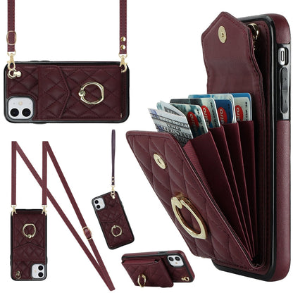 Rhombic Texture Card Bag Phone Case with Long Lanyard, For iPhone 11 Pro Max, For iPhone 11, For iPhone 11 Pro