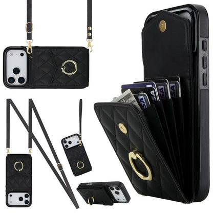 Rhombic Texture Card Bag Phone Case with Long Lanyard, For iPhone 17e / 16e, For iPhone 17 Pro Max, For iPhone 17 Pro