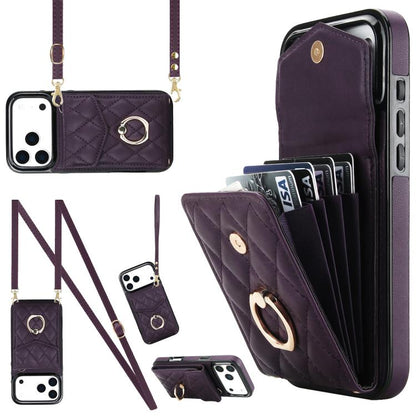 Rhombic Texture Card Bag Phone Case with Long Lanyard, For iPhone 17e / 16e, For iPhone 17 Pro Max, For iPhone 17 Pro