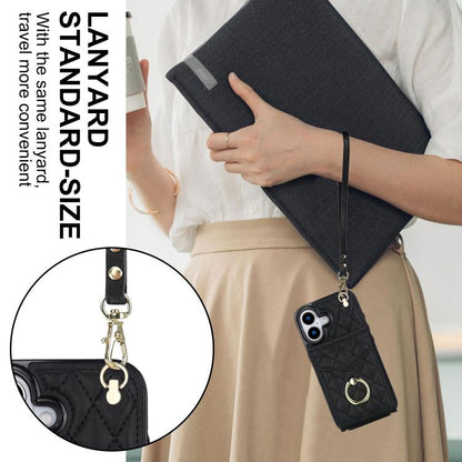 Rhombic Texture Card Bag Phone Case with Long Lanyard, For iPhone 17, For iPhone Air, For iPhone 15 Pro Max