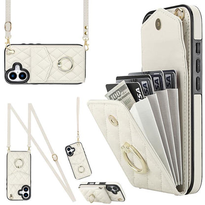 Rhombic Texture Card Bag Phone Case with Long Lanyard, For iPhone 17, For iPhone Air, For iPhone 15 Pro Max