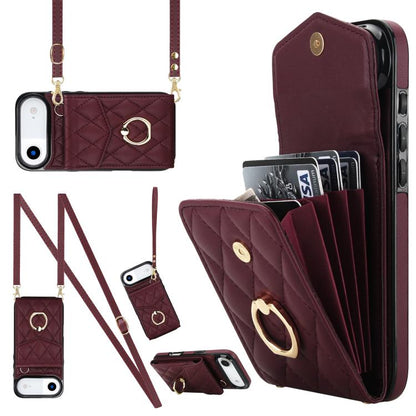Rhombic Texture Card Bag Phone Case with Long Lanyard, For iPhone 17, For iPhone Air, For iPhone 15 Pro Max