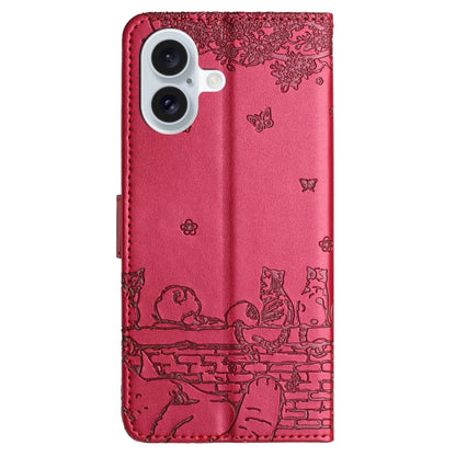 Cat Embossing Pattern Leather Phone Case with Lanyard, For iPhone 16, For iPhone 15 Pro Max, For iPhone 15 Pro, For iPhone 15 Plus