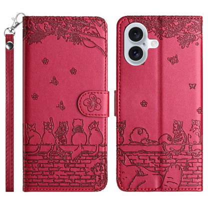 Cat Embossing Pattern Leather Phone Case with Lanyard, For iPhone 16e / 17e, For iPhone 17 Pro Max, For iPhone 17 Pro, For iPhone 17