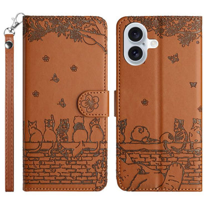 Cat Embossing Pattern Leather Phone Case with Lanyard, For iPhone 16e / 17e, For iPhone 17 Pro Max, For iPhone 17 Pro, For iPhone 17