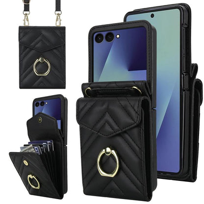 V-shaped RFID Card Slot Phone Case with Ring Holder, For Samsung Galaxy Z Flip7 5G, For Samsung Galaxy Z Flip6 / Flip7 FE, For Samsung Galaxy Z Flip5