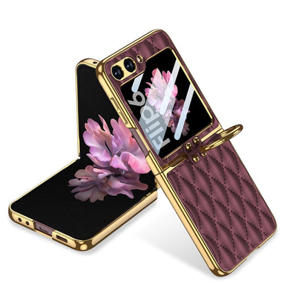 GKK Integrated Plating Diamond Texture PU Phone Case with Ring, For Samsung Galaxy Z Flip6/7 FE, For Samsung Galaxy Z Flip7 5G, For Samsung Galaxy Z Flip5