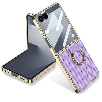 GKK Integrated Plating Diamond Texture PU Phone Case with Ring, For Samsung Galaxy Z Flip7 5G, For Samsung Galaxy Z Flip5