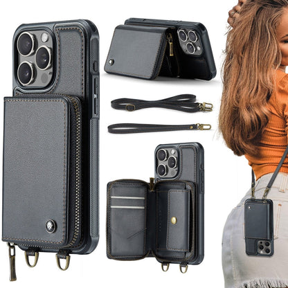 JEEHOOD C22 Series Zipper Wallet Leather Phone Case with Dual Lanyard, For iPhone 16 Pro, For iPhone 16 Plus, For iPhone 16, For iPhone 15 Pro Max