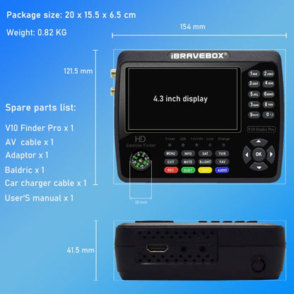 iBRAVEBOX V10 Finder Pro 4.3 inch Display Digital Satellite Meter Signal Finder, Support DVB-S/S2/S2X/T/T2/C, EU Plug, US Plug, UK Plug, AU Plug