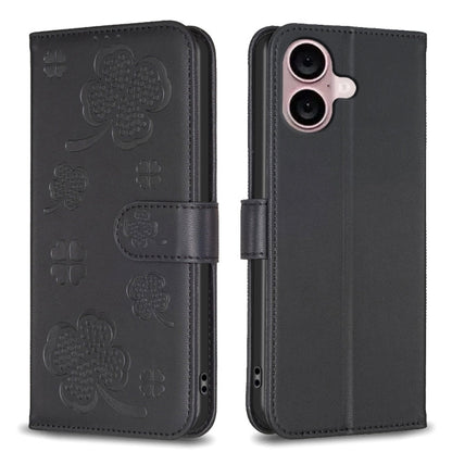 Four-leaf Embossed Leather Phone Case, For iPhone 16 Pro Max, For iPhone 16 Pro, For iPhone 16 Plus, For iPhone 16