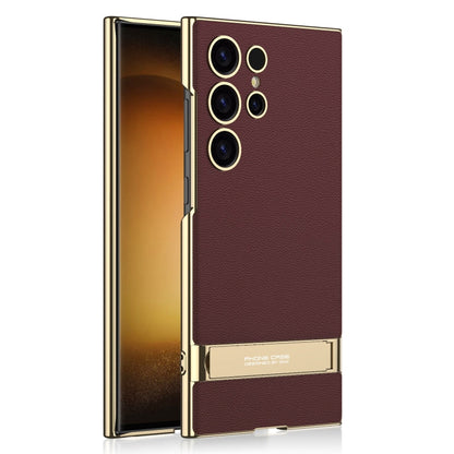 GKK Triumph Ultra-Thin Plain Leather Phone Case with Holder, For Samsung Galaxy S24 Ultra 5G