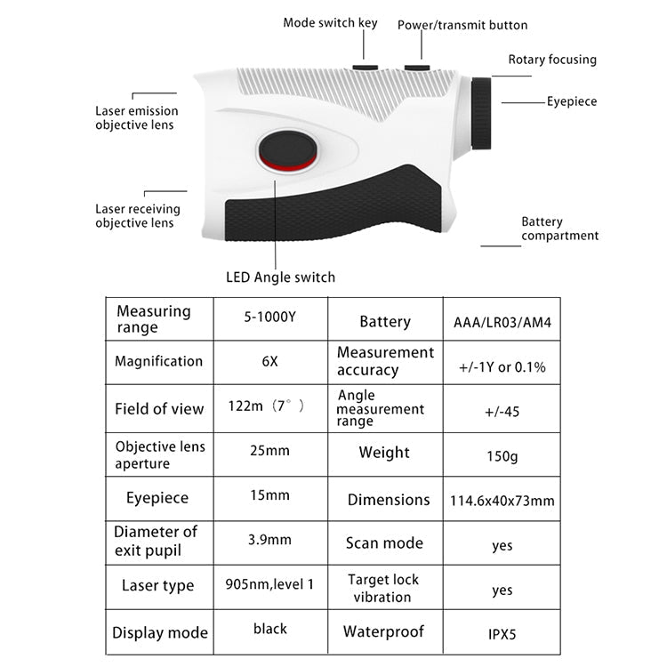 PR165 5-1000 Yards Handheld Laser Rangefinder Telescope, PR165