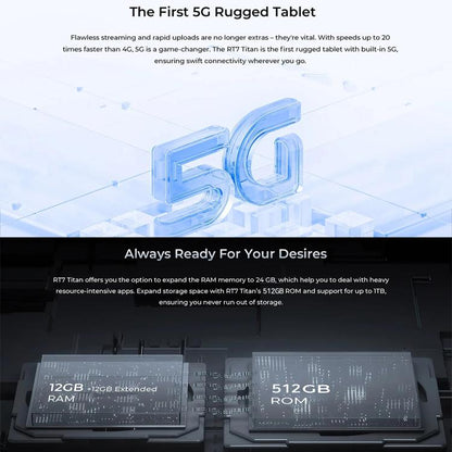 OUKITEL RT7 TITAN 5G Network IP68/IP69K Rugged Tablet, 10.1 inch Android 15 MediaTek Dimensity 7050 Octa Core Support Dual SIM, EU Plug, RT7 5G 12GB+512GB