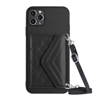 Rhombic Texture Card Bag RFID Phone Case with Long Lanyard, For iPhone 12 mini, For iPhone 11 Pro Max, For iPhone 11, For iPhone 11 Pro