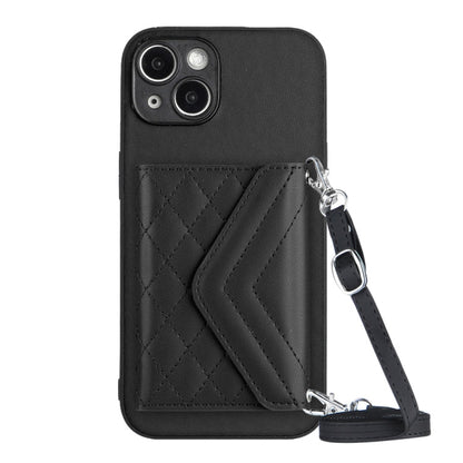 Rhombic Texture Card Bag RFID Phone Case with Long Lanyard, For iPhone 14 Plus, For iPhone 14, For iPhone 14 Pro, For iPhone 14 Pro Max