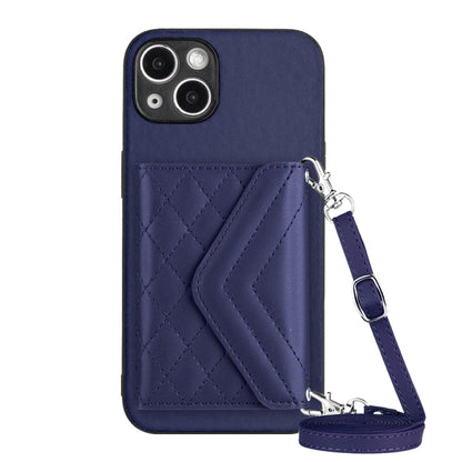 Rhombic Texture Card Bag RFID Phone Case with Long Lanyard, For iPhone 15 Pro Max, For iPhone 15 Pro, For iPhone 15 Plus, For iPhone 15