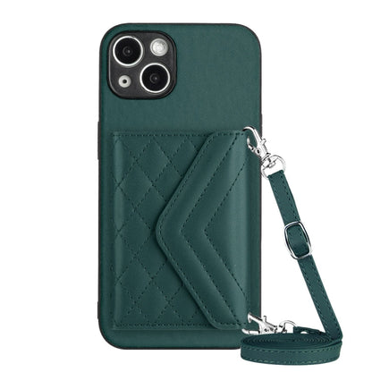 Rhombic Texture Card Bag RFID Phone Case with Long Lanyard, For iPhone 15 Pro Max, For iPhone 15 Pro, For iPhone 15 Plus, For iPhone 15
