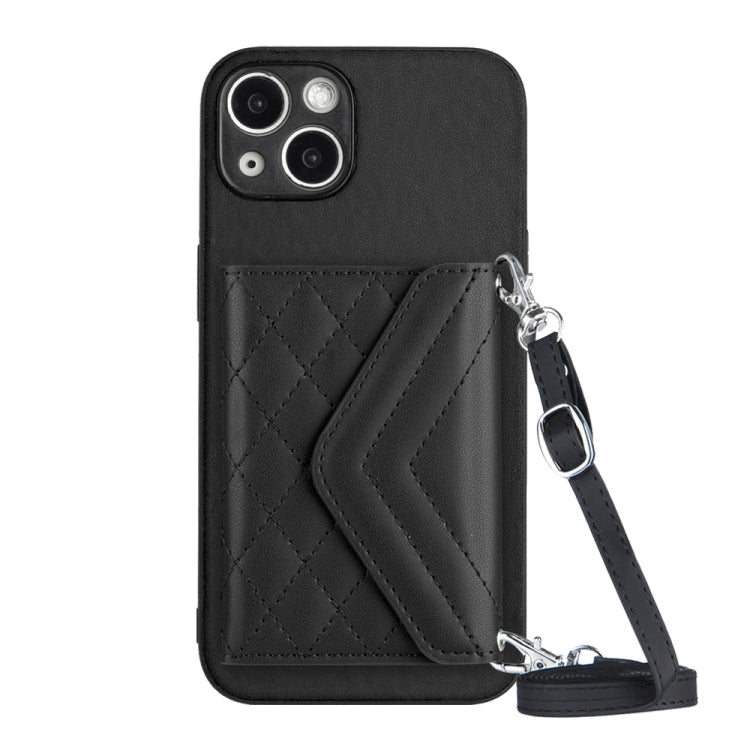 Rhombic Texture Card Bag RFID Phone Case with Long Lanyard, For iPhone 15 Pro Max, For iPhone 15 Pro, For iPhone 15 Plus, For iPhone 15