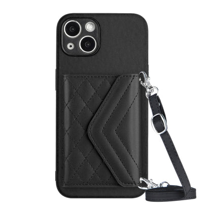 Rhombic Texture Card Bag RFID Phone Case with Long Lanyard, For iPhone 15 Pro Max, For iPhone 15 Pro, For iPhone 15 Plus, For iPhone 15