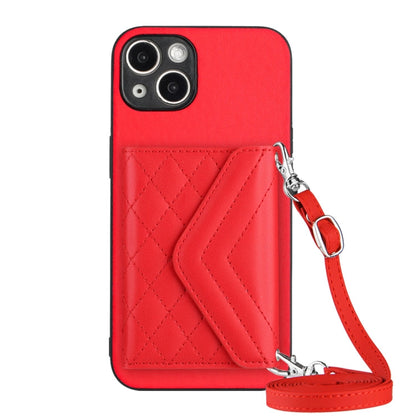 Rhombic Texture Card Bag RFID Phone Case with Long Lanyard, For iPhone 15 Pro Max, For iPhone 15 Pro, For iPhone 15 Plus, For iPhone 15