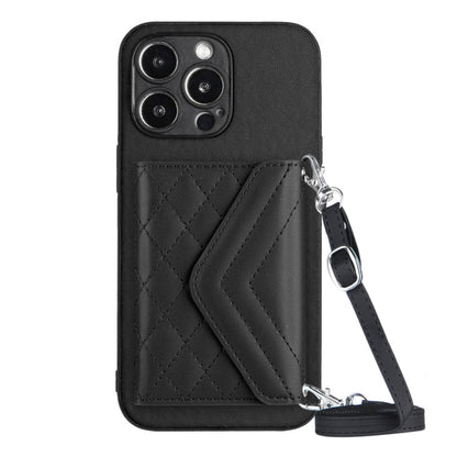 Rhombic Texture Card Bag RFID Phone Case with Long Lanyard, For iPhone 15 Pro Max, For iPhone 15 Pro, For iPhone 15 Plus, For iPhone 15