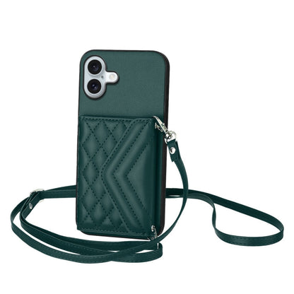 Rhombic Texture Card Bag RFID Phone Case with Long Lanyard, For iPhone 16 Pro Max, For iPhone 16 Pro, For iPhone 16 Plus, For iPhone 16