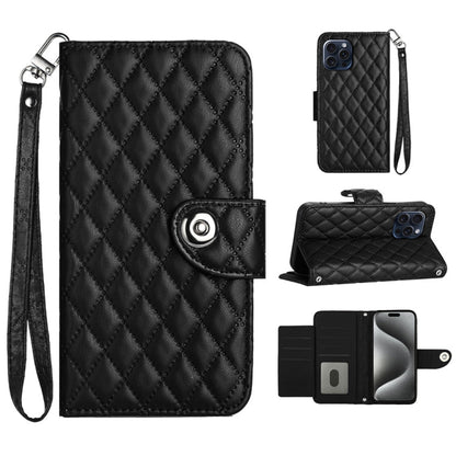 Rhombic Texture Flip Leather Phone Case with Lanyard, For iPhone 15, For iPhone 14 Plus, For iPhone 14, For iPhone 14 Pro