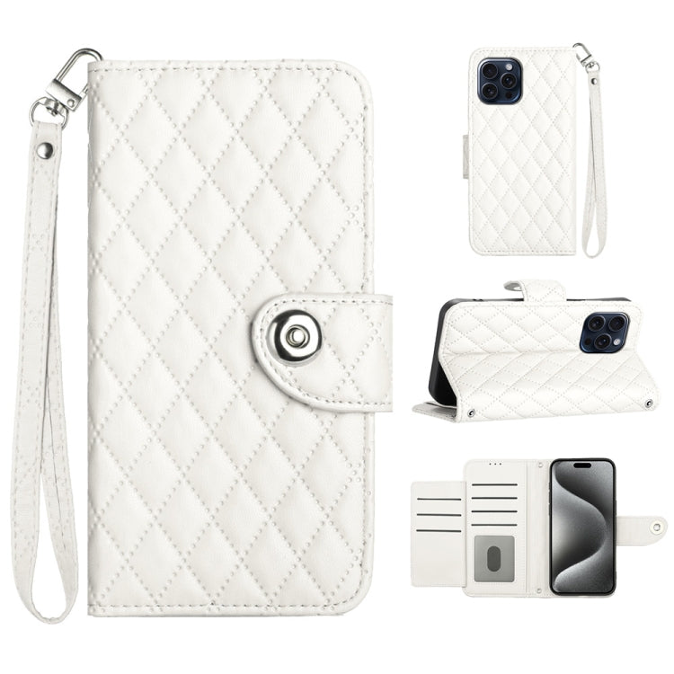 Rhombic Texture Flip Leather Phone Case with Lanyard, For iPhone 15, For iPhone 14 Plus, For iPhone 14, For iPhone 14 Pro